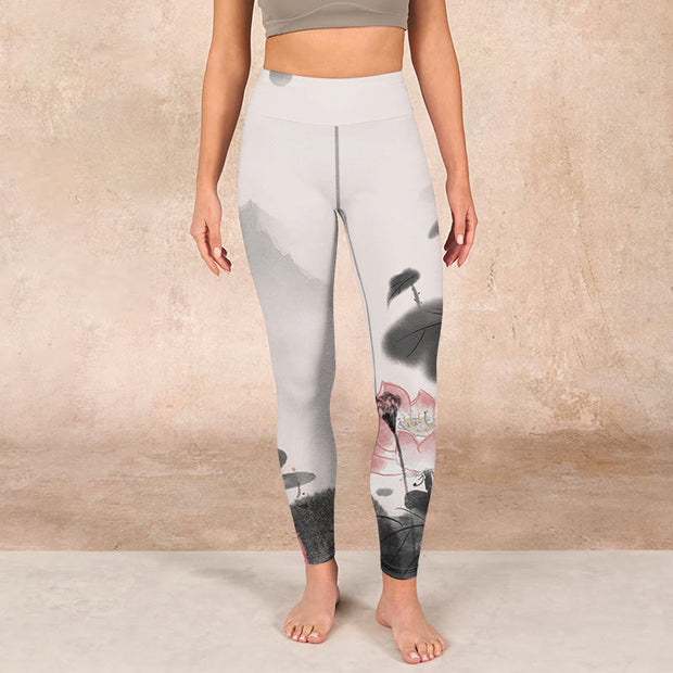 Buddha Stones Ink Painting Lotus Flower Leaf Print Gym Fitness Leggings Women's Yoga Pants - image 2