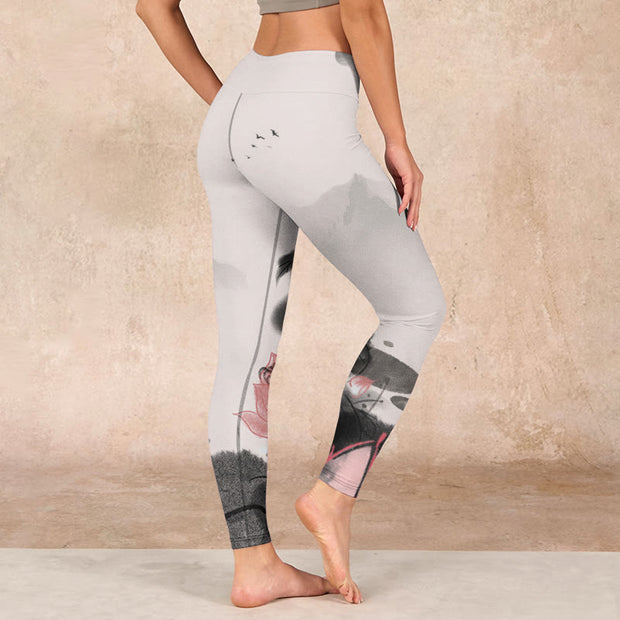 Buddha Stones Ink Painting Lotus Flower Leaf Print Gym Fitness Leggings Women's Yoga Pants - image 3