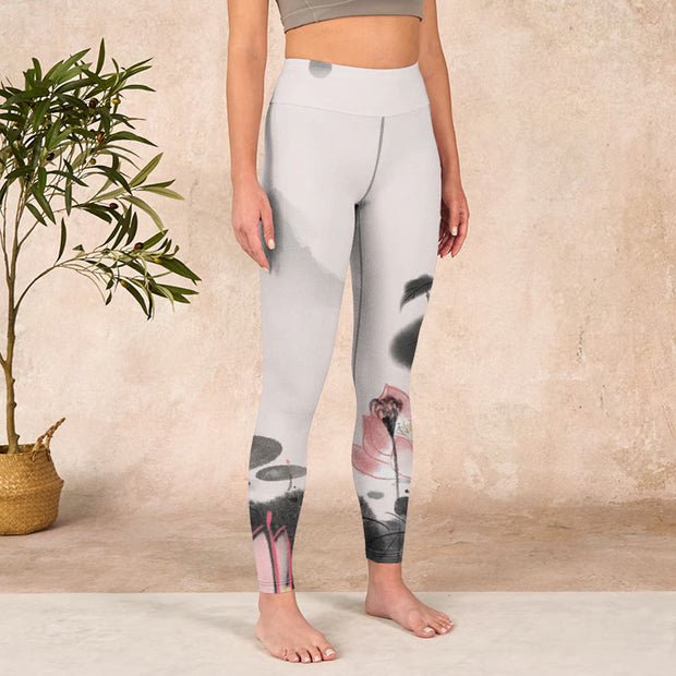 Buddha Stones Ink Painting Lotus Flower Leaf Print Gym Fitness Leggings Women's Yoga Pants