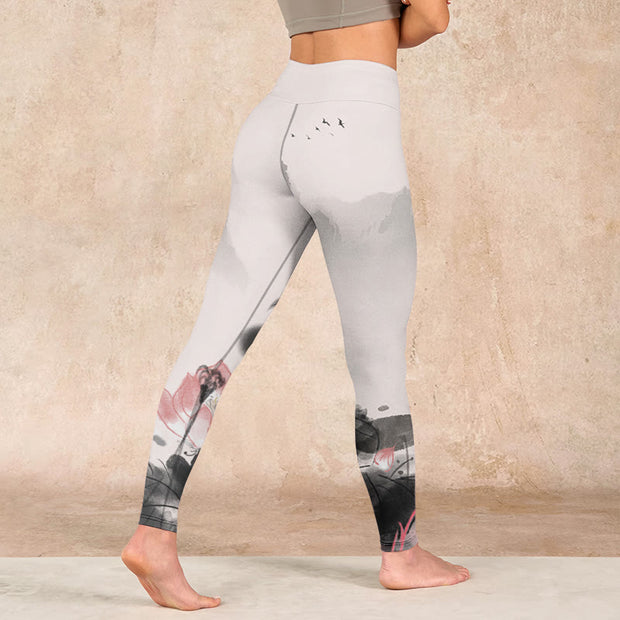 Buddha Stones Ink Painting Lotus Flower Leaf Print Gym Fitness Leggings Women's Yoga Pants - image 5