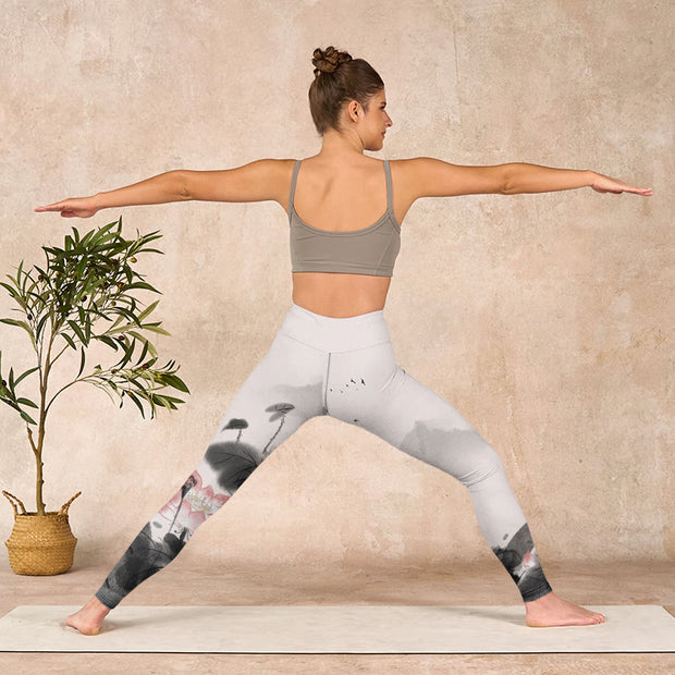 Buddha Stones Ink Painting Lotus Flower Leaf Print Gym Fitness Leggings Women's Yoga Pants - image 11
