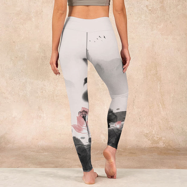 Buddha Stones Ink Painting Lotus Flower Leaf Print Gym Fitness Leggings Women's Yoga Pants