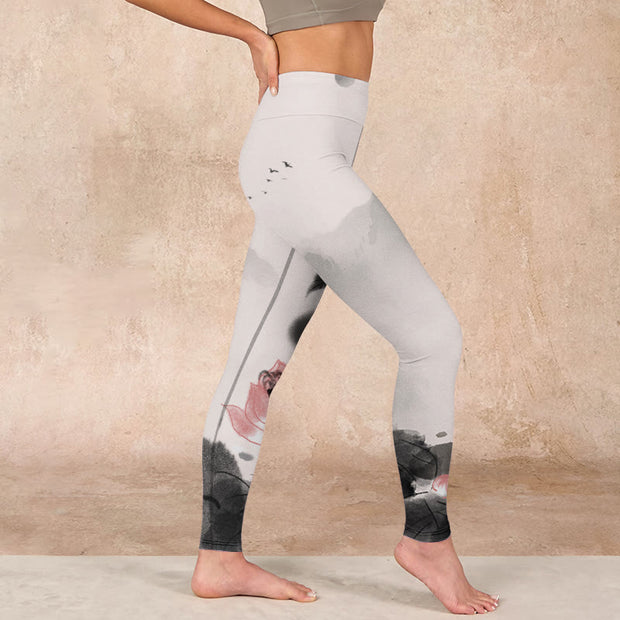 Buddha Stones Ink Painting Lotus Flower Leaf Print Gym Fitness Leggings Women's Yoga Pants - image 17
