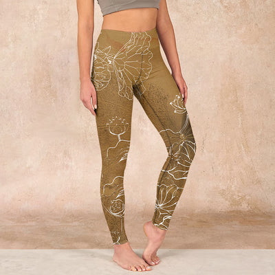 Buddha Stones Goldenrod Lotus Flowers Leaves Print Gym Fitness Leggings Women's Yoga Pants - Goldenrod - US18，UK/AU22，EU50 (4XL) - image 1