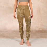 Buddha Stones Goldenrod Lotus Flowers Leaves Print Gym Fitness Leggings Women's Yoga Pants