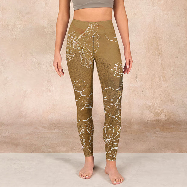 Buddha Stones Goldenrod Lotus Flowers Leaves Print Gym Fitness Leggings Women's Yoga Pants Leggings BS 1