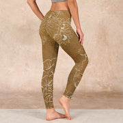 Buddha Stones Goldenrod Lotus Flowers Leaves Print Gym Fitness Leggings Women's Yoga Pants