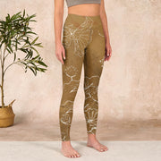 Buddha Stones Goldenrod Lotus Flowers Leaves Print Gym Fitness Leggings Women's Yoga Pants