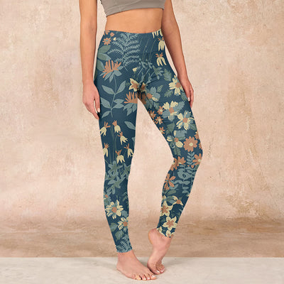 Buddha Stones Casual Daisy Flowers Leaves Print Gym Fitness Leggings Women's Yoga Pants - SteelBlue - US18，UK/AU22，EU50 (4XL) - image 1