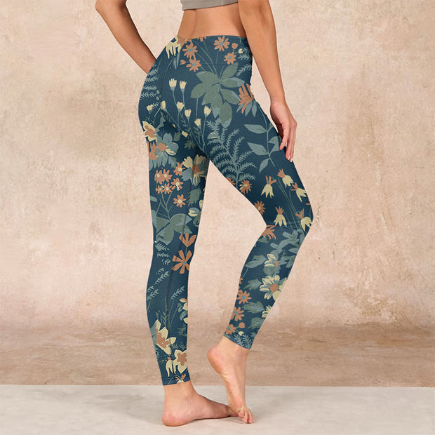 Buddha Stones Casual Daisy Flowers Leaves Print Gym Fitness Leggings Women's Yoga Pants