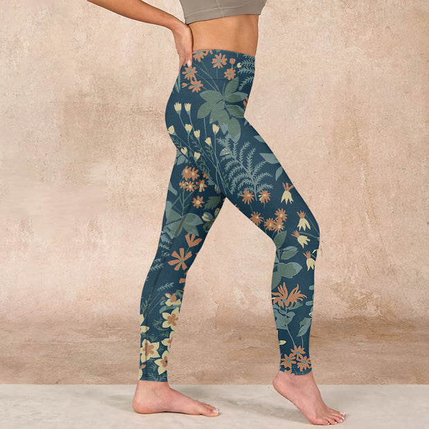 Buddha Stones Casual Daisy Flowers Leaves Print Gym Fitness Leggings Women's Yoga Pants