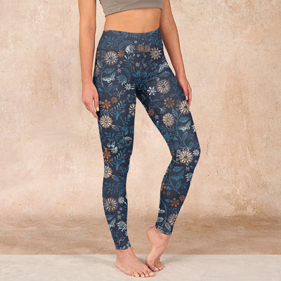 Buddha Stones New York Aster Flowers Leaves Print Gym Fitness Leggings Women's Yoga Pants Leggings BS SteelBlue US18，UK/AU22，EU50 (4XL)