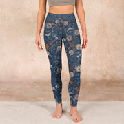 Buddha Stones New York Aster Flowers Leaves Print Gym Fitness Leggings Women's Yoga Pants Leggings BS 1