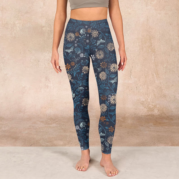 Buddha Stones New York Aster Flowers Leaves Print Gym Fitness Leggings Women's Yoga Pants - image 2