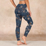 Buddha Stones New York Aster Flowers Leaves Print Gym Fitness Leggings Women's Yoga Pants Leggings BS 2