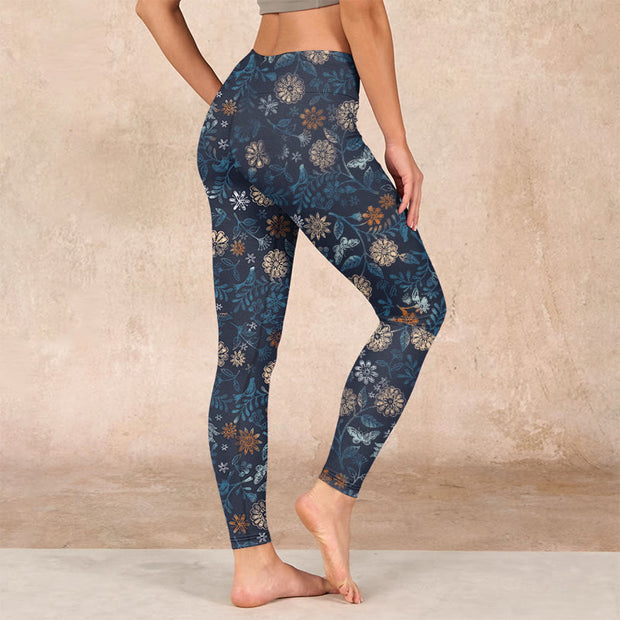 Buddha Stones New York Aster Flowers Leaves Print Gym Fitness Leggings Women's Yoga Pants