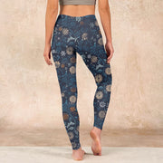 Buddha Stones New York Aster Flowers Leaves Print Gym Fitness Leggings Women's Yoga Pants