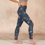 Buddha Stones New York Aster Flowers Leaves Print Gym Fitness Leggings Women's Yoga Pants