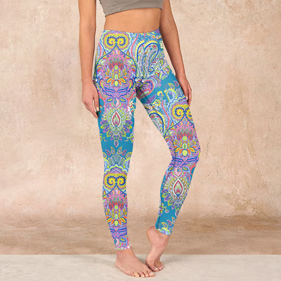 Buddha Stones Blue Pink Green Flower Print Gym Fitness Leggings Women's Yoga Pants