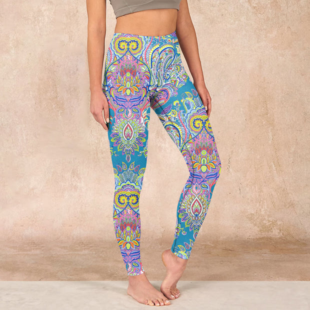 Buddha Stones Blue Pink Green Flower Print Gym Fitness Leggings Women's Yoga Pants