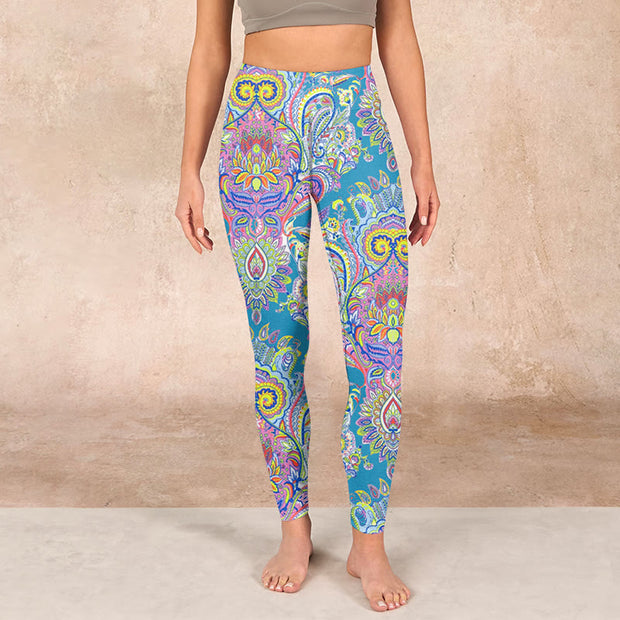 Buddha Stones Blue Pink Green Flower Print Gym Fitness Leggings Women's Yoga Pants Leggings BS 1