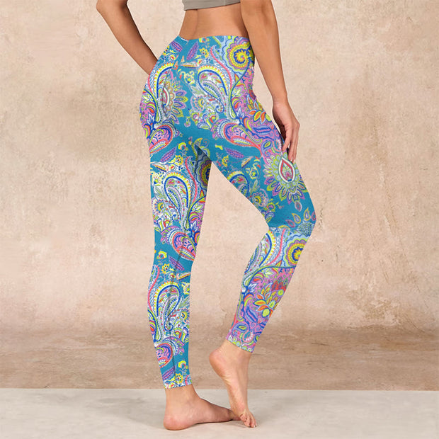 Buddha Stones Blue Pink Green Flower Print Gym Fitness Leggings Women's Yoga Pants