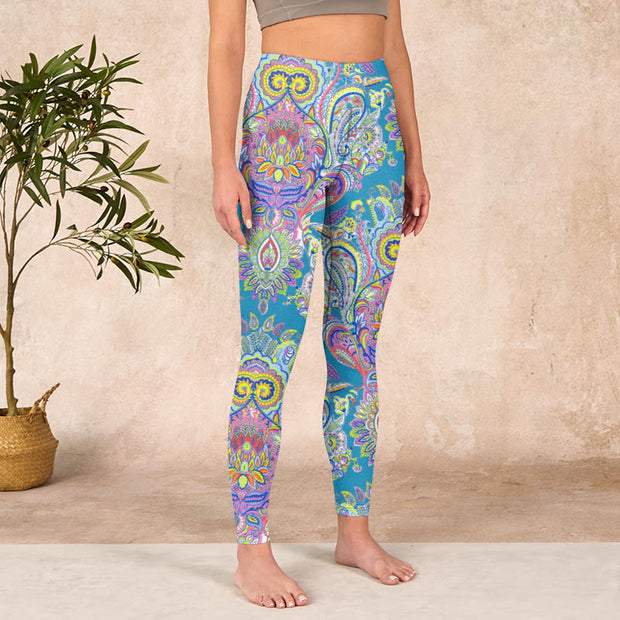 Buddha Stones Blue Pink Green Flower Print Gym Fitness Leggings Women's Yoga Pants Leggings BS 3