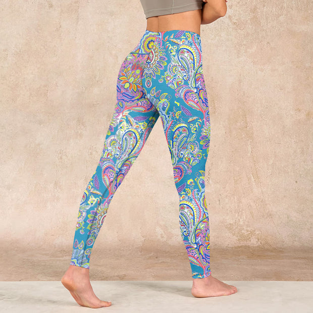 Buddha Stones Blue Pink Green Flower Print Gym Fitness Leggings Women's Yoga Pants