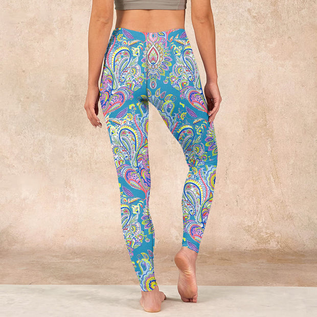 Buddha Stones Blue Pink Green Flower Print Gym Fitness Leggings Women's Yoga Pants Leggings BS 15