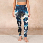 Buddha Stones Blue Butterfly Water Waves Moon Print Gym Leggings Women's Yoga Pants Leggings BS 1