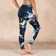 Buddha Stones Blue Butterfly Water Waves Moon Print Gym Leggings Women's Yoga Pants Leggings BS 2