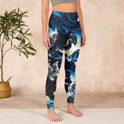 Buddha Stones Blue Butterfly Water Waves Moon Print Gym Leggings Women's Yoga Pants