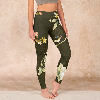 Buddha Stones Black Magnolia Flowers Print Gym Leggings Women's Yoga Pants