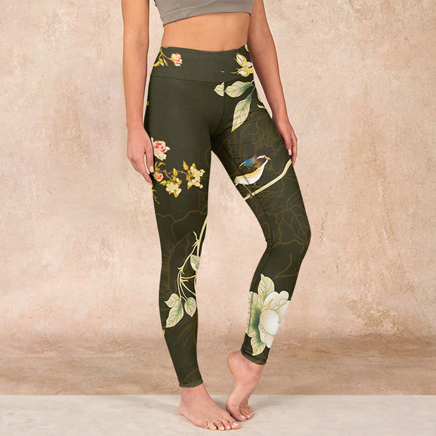 Buddha Stones Black Magnolia Flowers Print Gym Leggings Women's Yoga Pants Leggings BS Black US18，UK/AU22，EU50 (4XL)