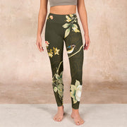 Buddha Stones Black Magnolia Flowers Print Gym Leggings Women's Yoga Pants Leggings BS 1