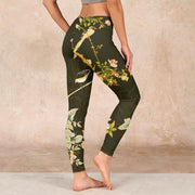 Buddha Stones Black Magnolia Flowers Print Gym Leggings Women's Yoga Pants Leggings BS 2