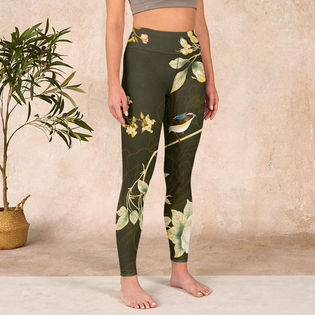 Buddha Stones Black Magnolia Flowers Print Gym Leggings Women's Yoga Pants