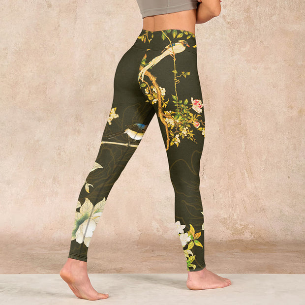 Buddha Stones Black Magnolia Flowers Print Gym Leggings Women's Yoga Pants Leggings BS 4