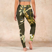 Buddha Stones Black Magnolia Flowers Print Gym Leggings Women's Yoga Pants