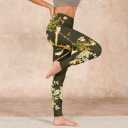 Buddha Stones Black Magnolia Flowers Print Gym Leggings Women's Yoga Pants Leggings BS 16