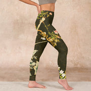 Buddha Stones Black Magnolia Flowers Print Gym Leggings Women's Yoga Pants Leggings BS 17