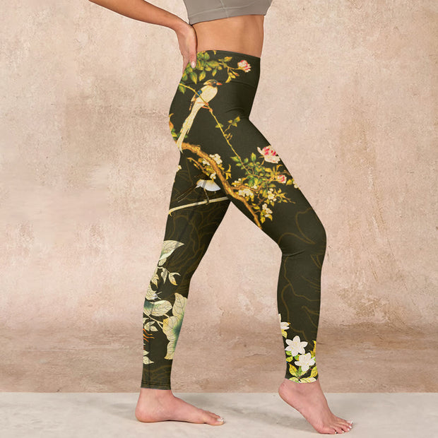 Buddha Stones Black Magnolia Flowers Print Gym Leggings Women's Yoga Pants