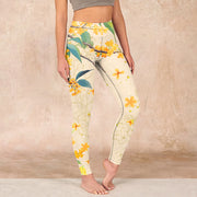 Buddha Stones Yellow Osmanthus Fragrans Rapeseed Print Gym Leggings Women's Yoga Pants