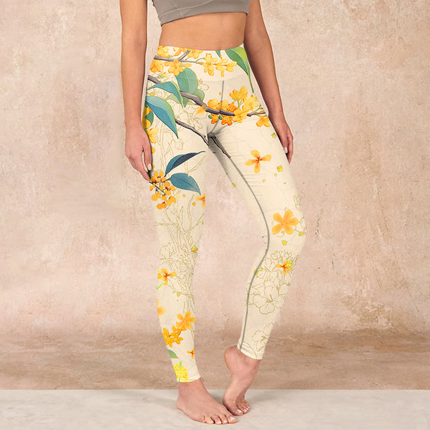 Buddha Stones Yellow Osmanthus Fragrans Rapeseed Print Gym Leggings Women's Yoga Pants Leggings BS LemonChiffon US18，UK/AU22，EU50 (4XL)