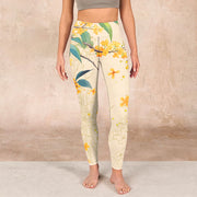 Buddha Stones Yellow Osmanthus Fragrans Rapeseed Print Gym Leggings Women's Yoga Pants