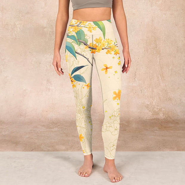 Buddha Stones Yellow Osmanthus Fragrans Rapeseed Print Gym Leggings Women's Yoga Pants Leggings BS 1