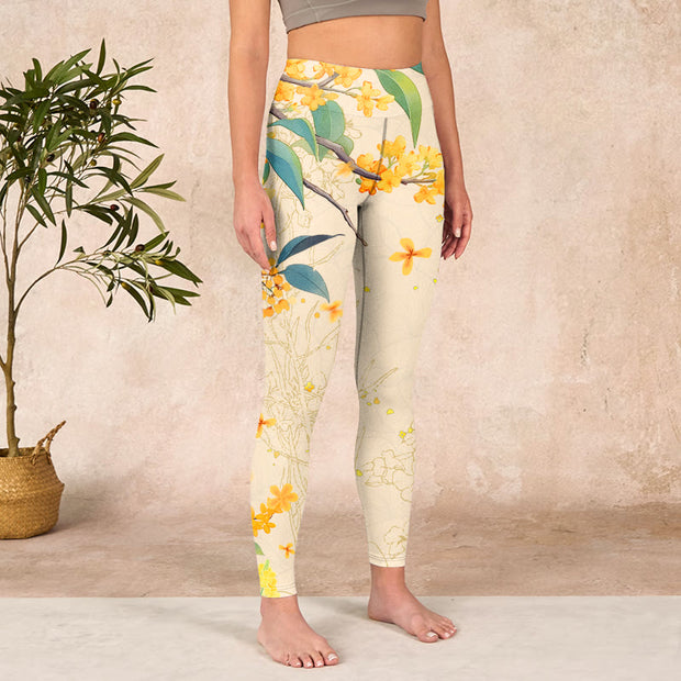 Buddha Stones Yellow Osmanthus Fragrans Rapeseed Print Gym Leggings Women's Yoga Pants