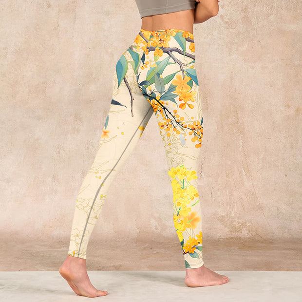 Buddha Stones Yellow Osmanthus Fragrans Rapeseed Print Gym Leggings Women's Yoga Pants Leggings BS 4