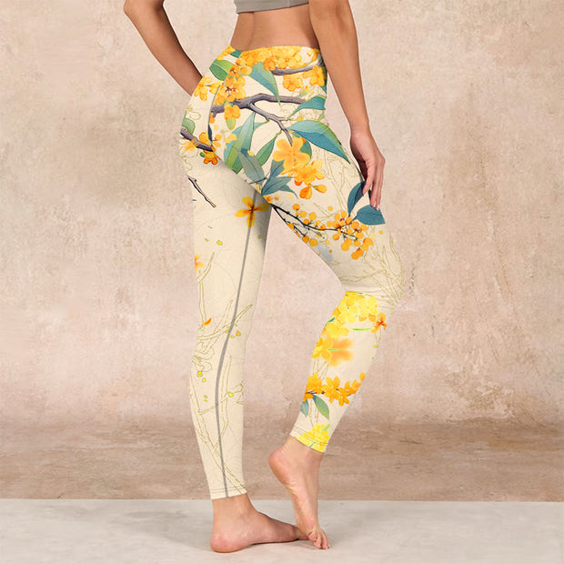 Buddha Stones Yellow Osmanthus Fragrans Rapeseed Print Gym Leggings Women's Yoga Pants