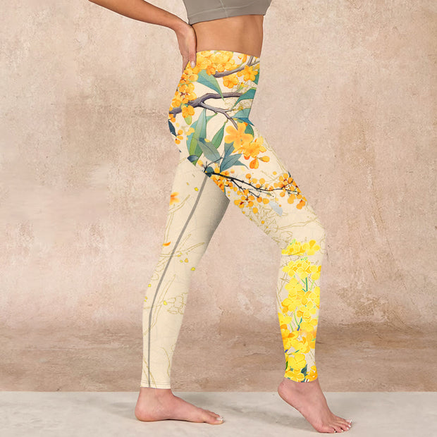 Buddha Stones Yellow Osmanthus Fragrans Rapeseed Print Gym Leggings Women's Yoga Pants